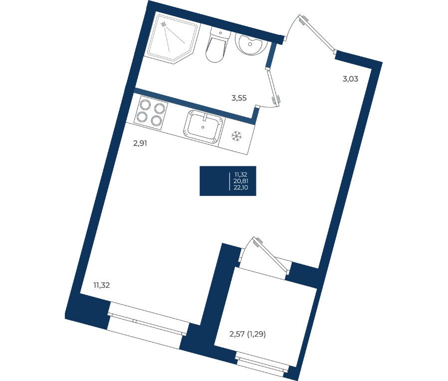 Планировка: Студия 22.10 м² в новостройке Новатория