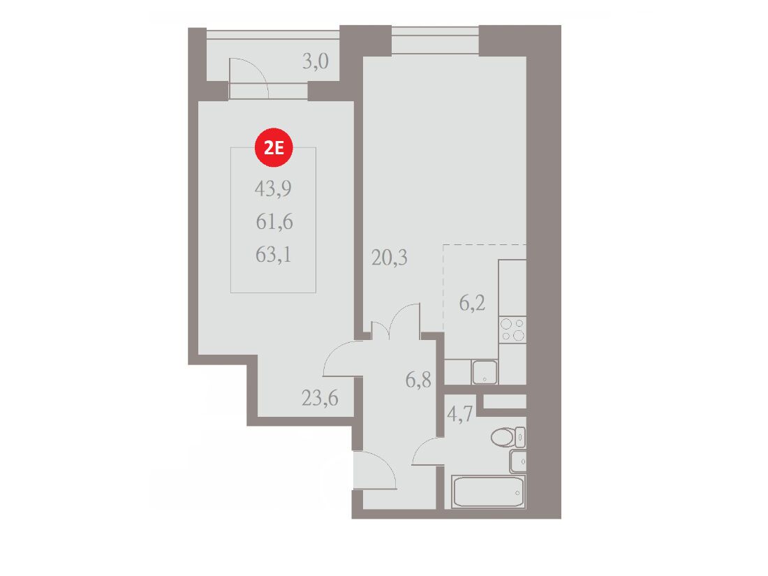 Планировка: 2-комн. квартира 63.10 м² в новостройке Отлично