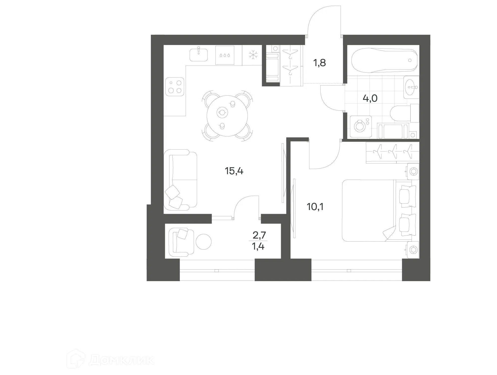 Планировка: 1-комн. квартира 32.57 м² в новостройке Ньюпитер