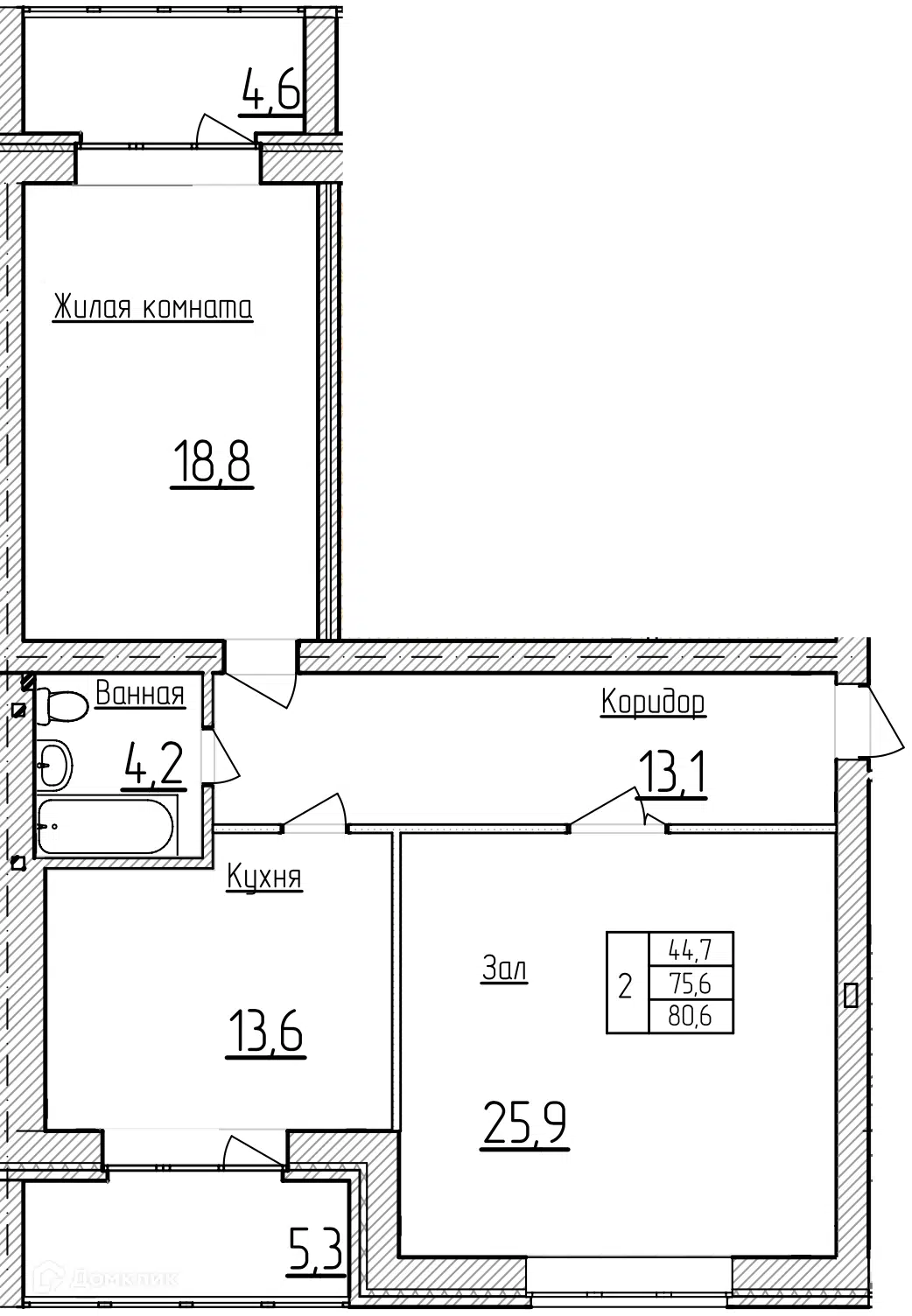 Планировка: 2-комн. квартира 80.60 м² в новостройке Фестивальный