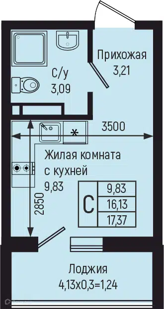 Планировка: Студия 17.37 м² в новостройке Ботаника Хилс