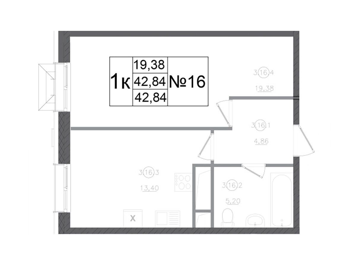 Планировка: 1-комн. квартира 42.84 м² в новостройке Авиатор-2