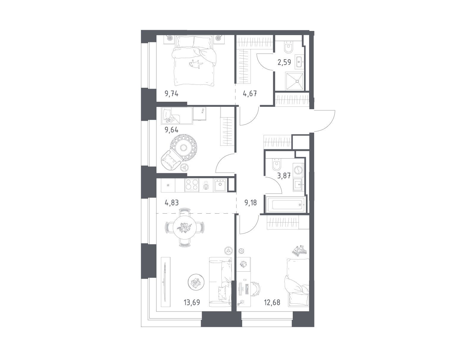 Планировка: 3-комн. квартира 70.89 м² в новостройке Верейская 41