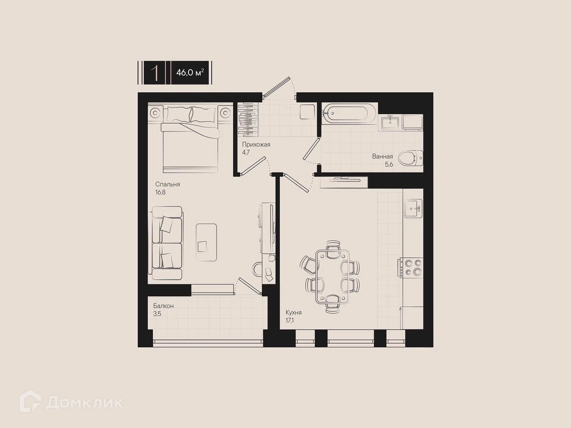 Планировка: 1-комн. квартира 46.00 м² в новостройке Эрмитаж