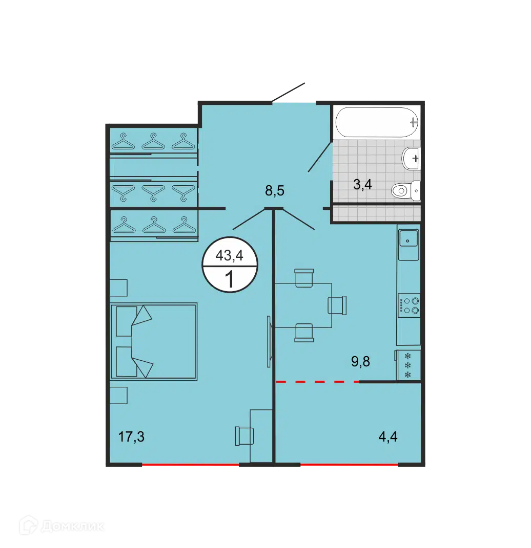 Планировка: 1-комн. квартира 43.40 м² в новостройке По ул. Филатова