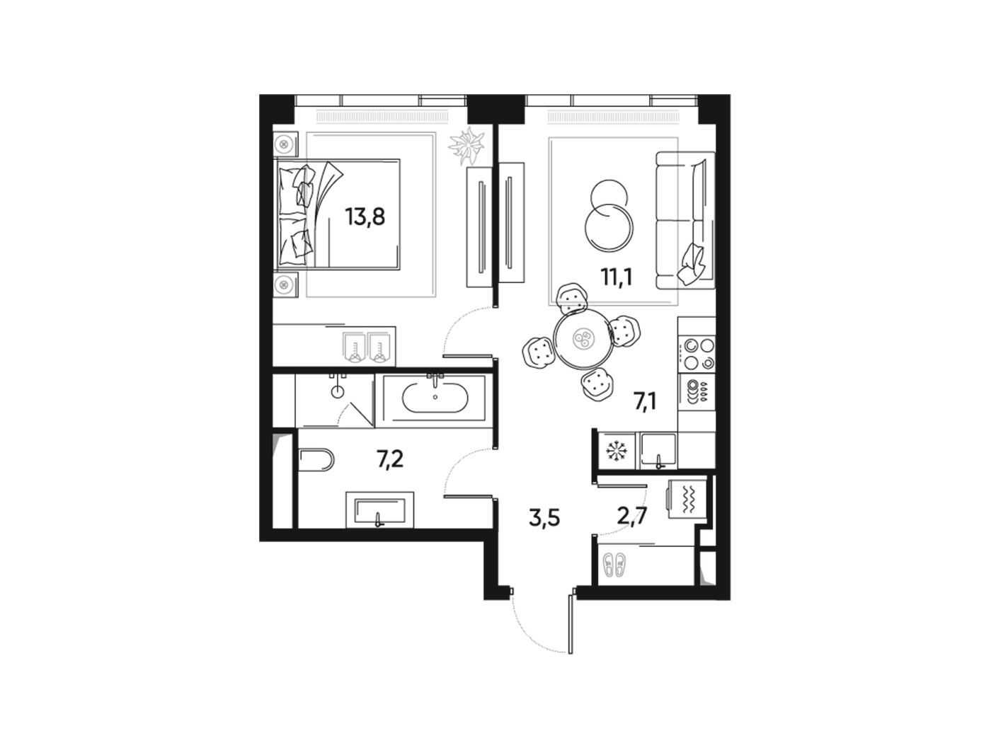 Планировка: 2-комн. квартира 45.30 м² в новостройке Прайд
