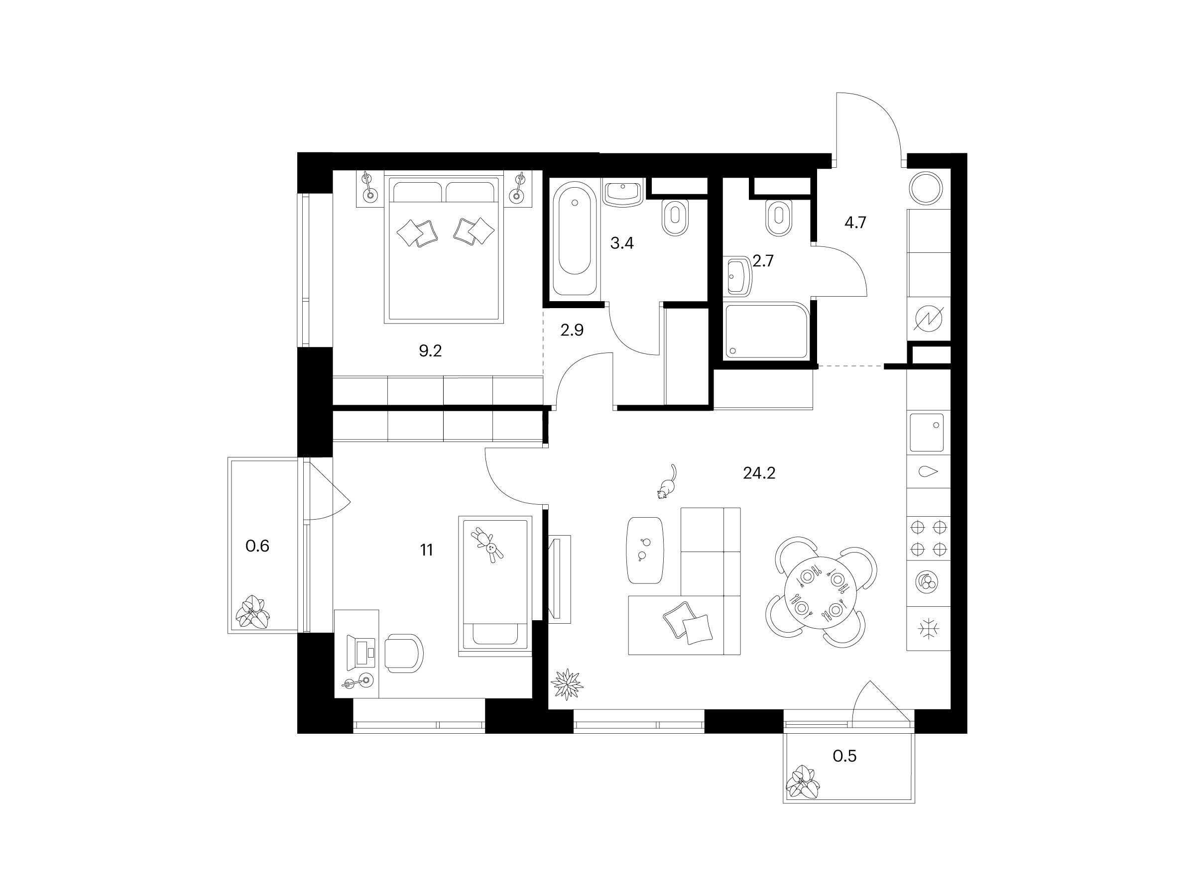 Планировка: 2-комн. квартира 59.20 м² в новостройке Бунинская набережная