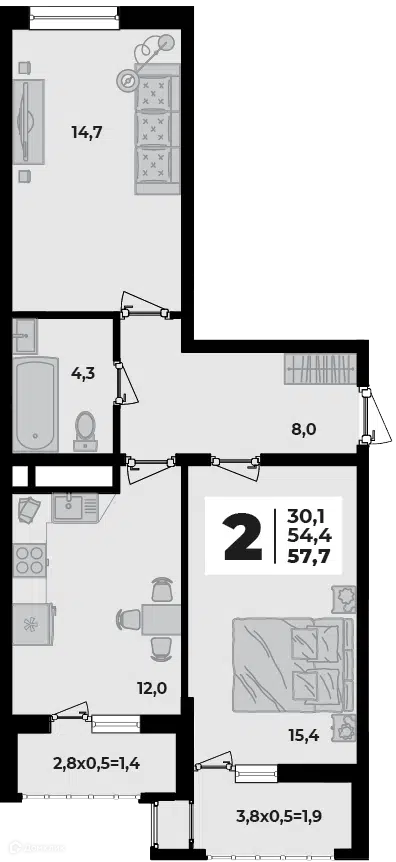 Планировка: 2-комн. квартира 57.70 м² в новостройке Родной дом 5