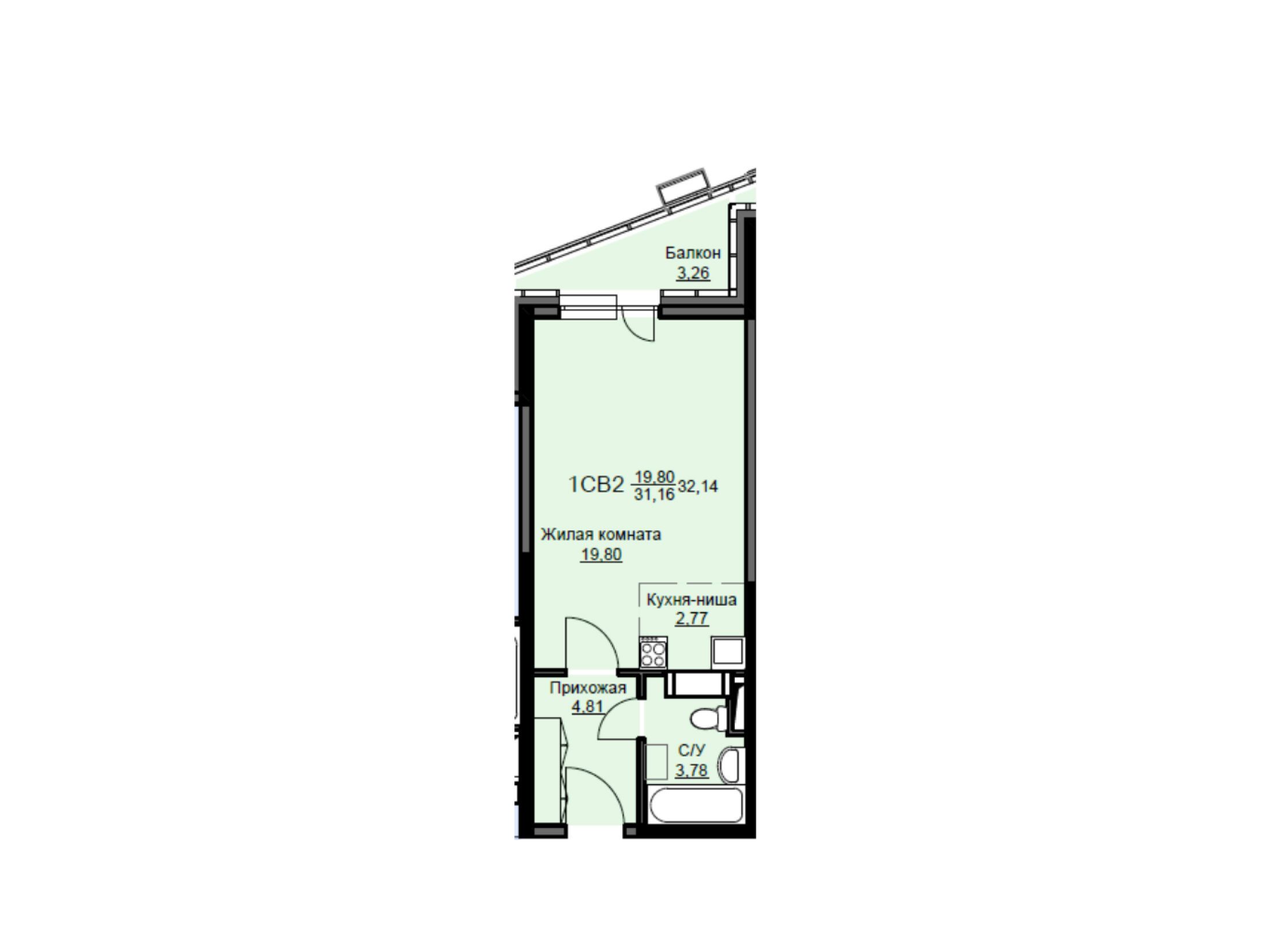 Планировка: Студия 32.80 м² в новостройке ЖК Соболевка (Щелково)