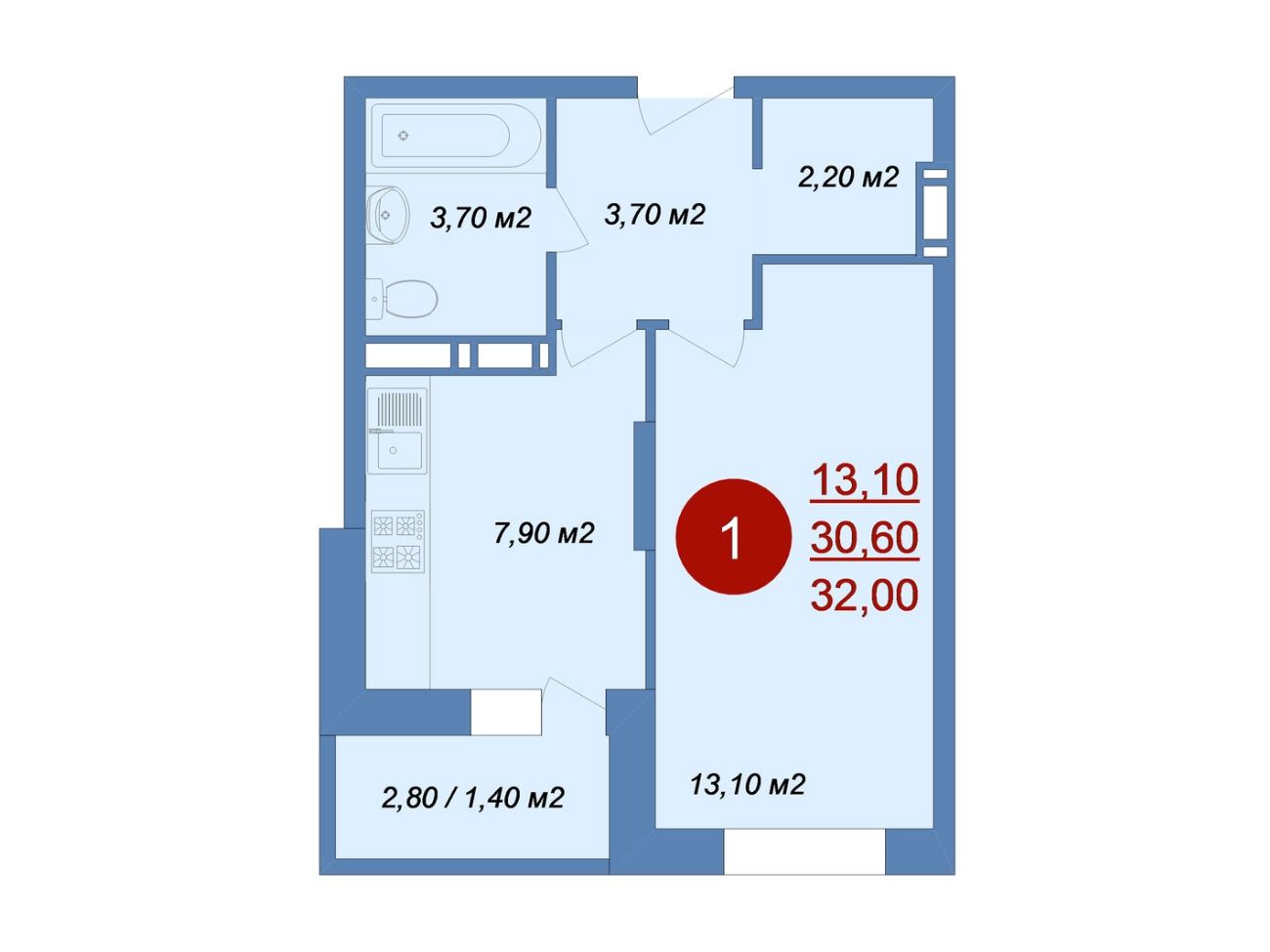 Планировка: 1-комн. квартира 32.00 м² в новостройке Новые Островцы