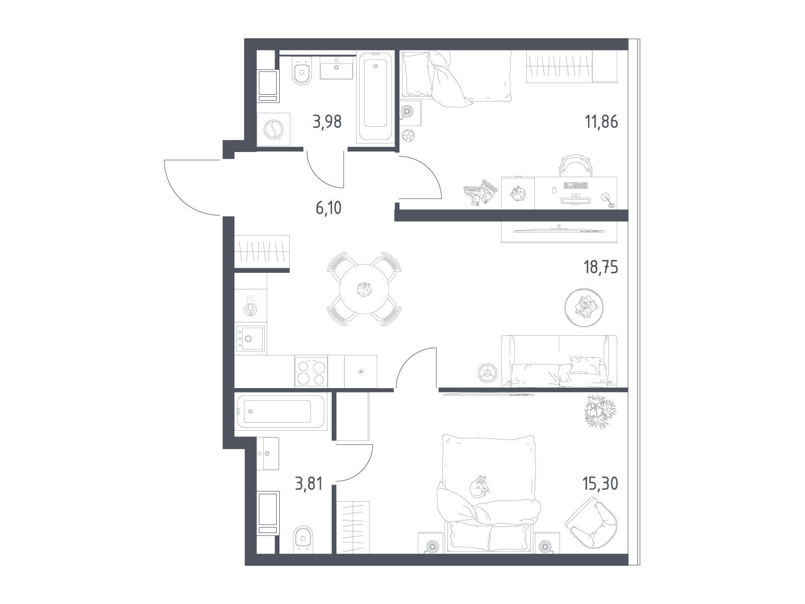 Планировка: 2-комн. квартира 59.80 м² в новостройке Октябрьская 98