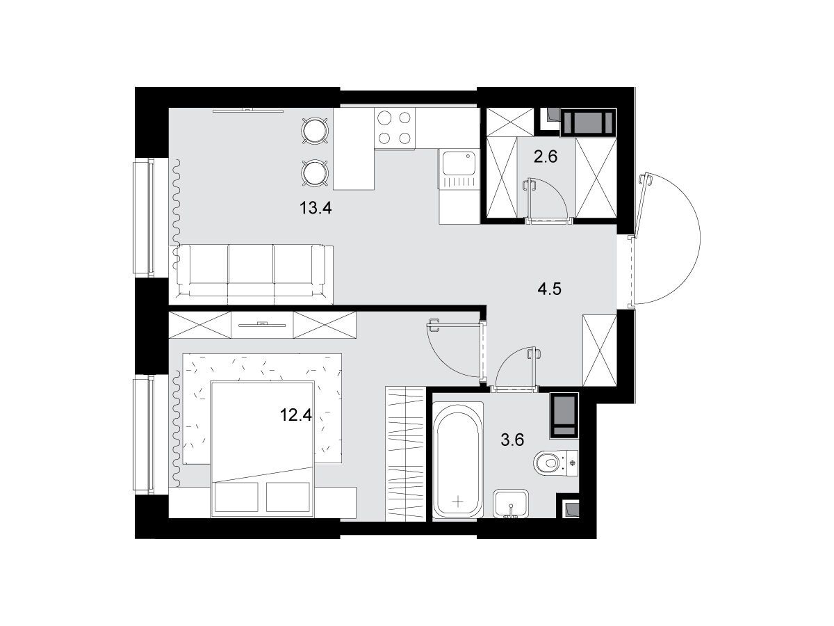 Планировка: 1-комн. квартира 36.90 м² в новостройке Трилогия Кристалл