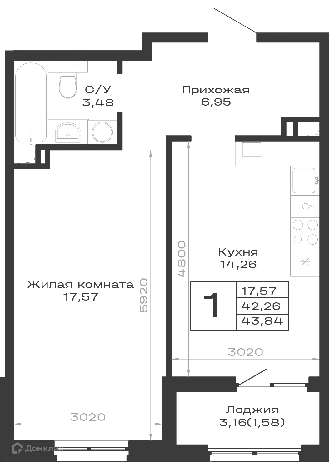 Планировка: 1-комн. квартира 43.84 м² в новостройке Суворов