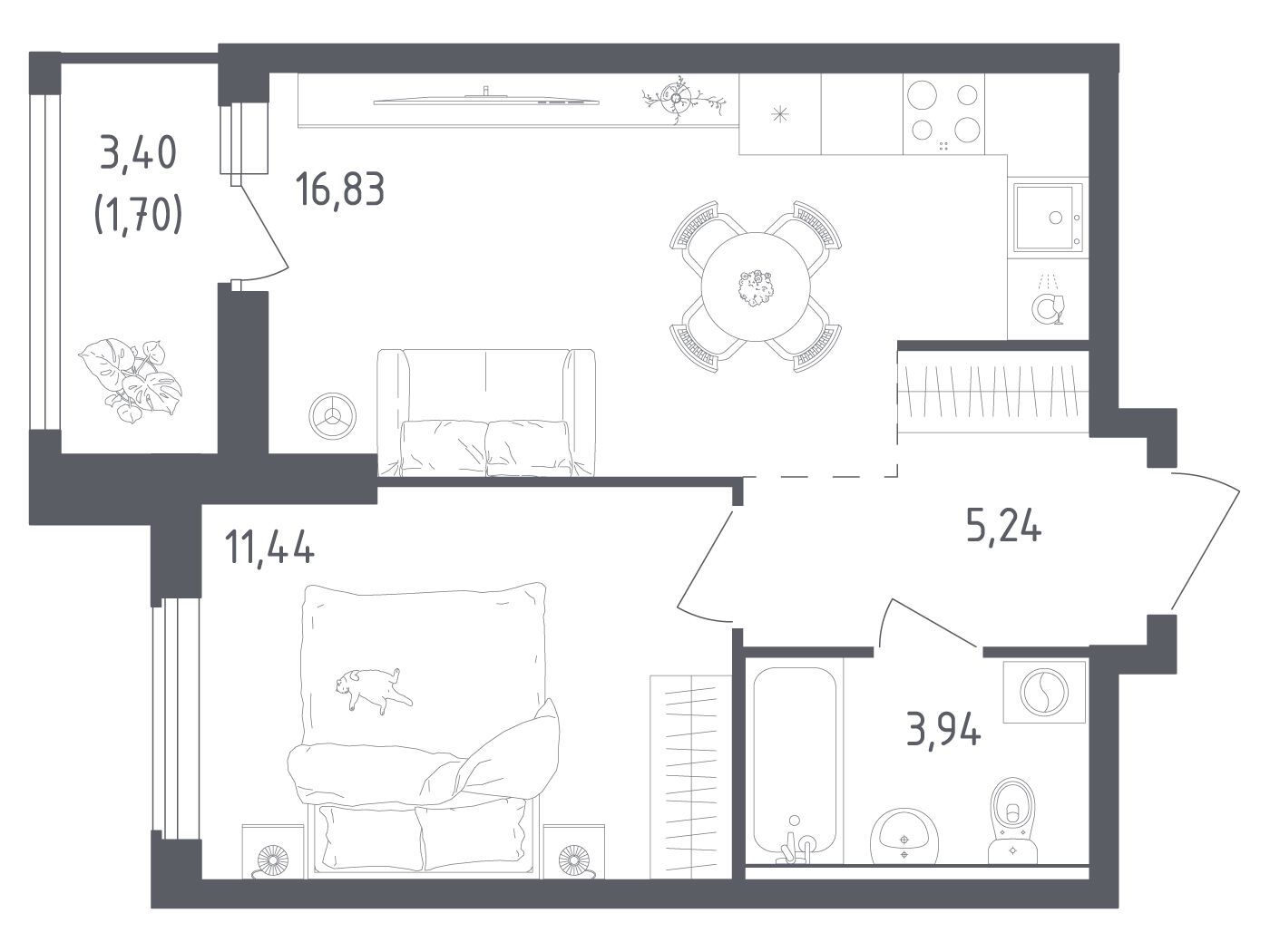 Планировка: 1-комн. квартира 39.15 м² в новостройке Южная Нева