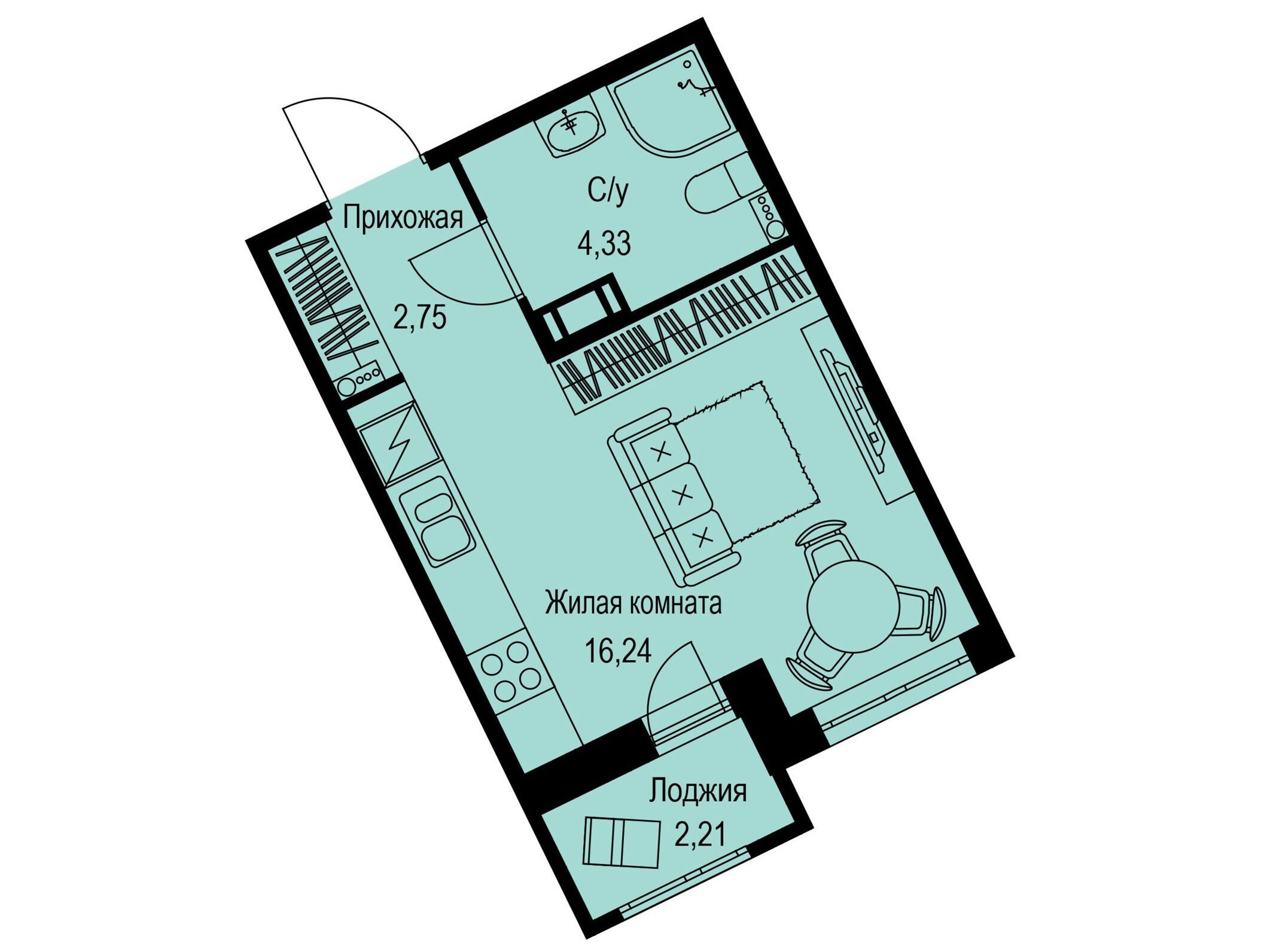 Планировка: Студия 24.42 м² в новостройке Айди Кудрово 2