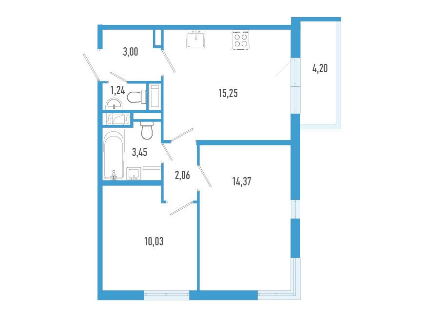 Планировка: 2-комн. квартира 50.66 м² в новостройке Аэросити
