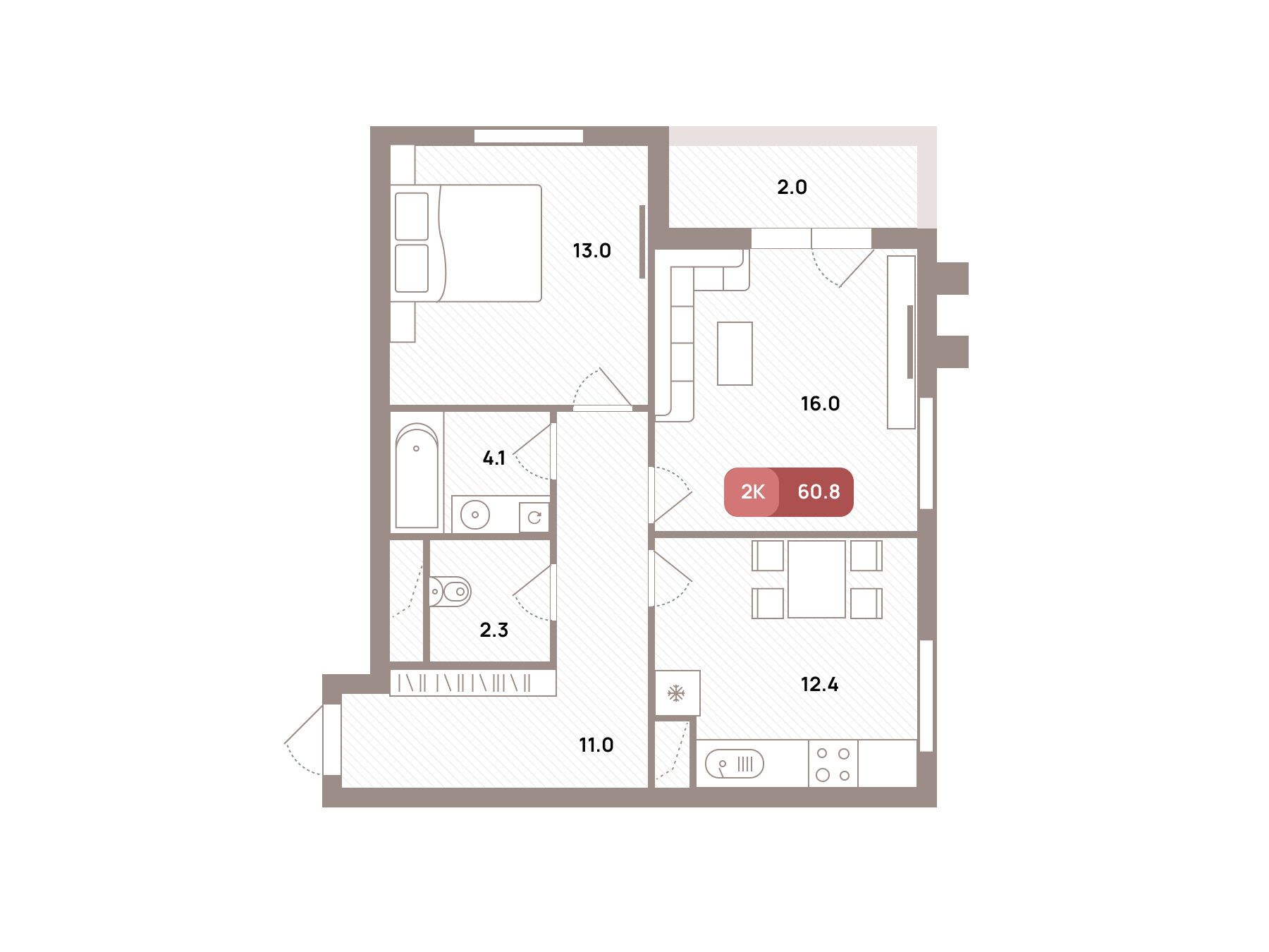 Планировка: 2-комн. квартира 60.80 м² в новостройке Проспект 39