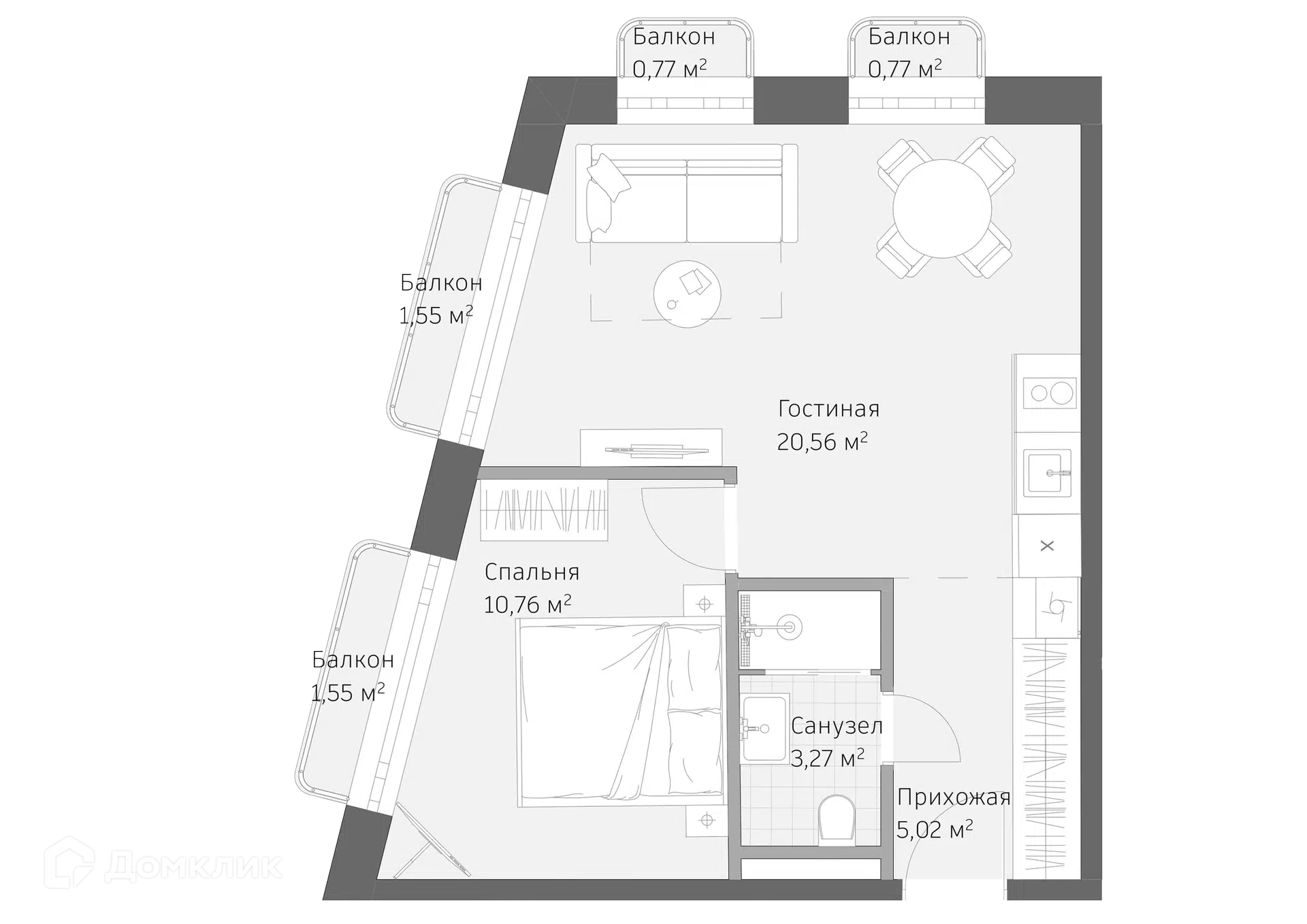Планировка: 2-комн. квартира 44.25 м² в новостройке Реликт