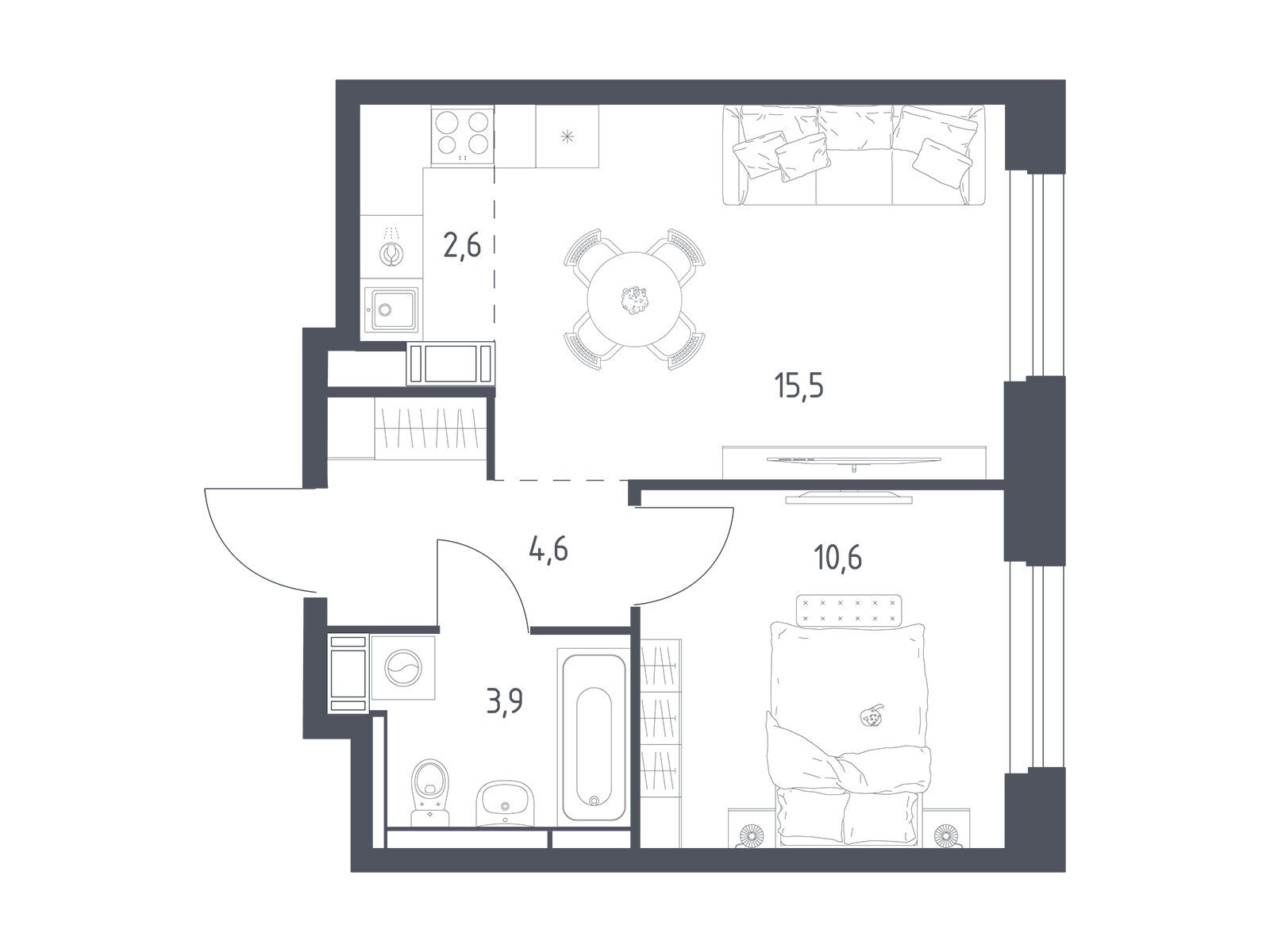 Планировка: 1-комн. квартира 36.70 м² в новостройке Мытищи Парк