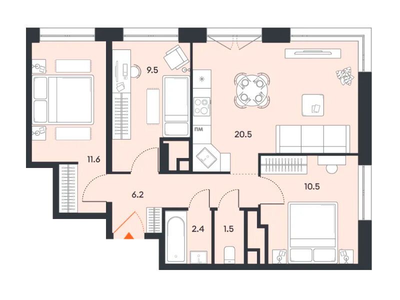 Планировка: 3-комн. квартира 62.20 м² в новостройке Баланс