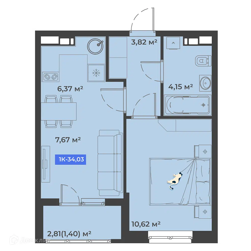 Планировка: 1-комн. квартира 34.03 м² в новостройке Соловей