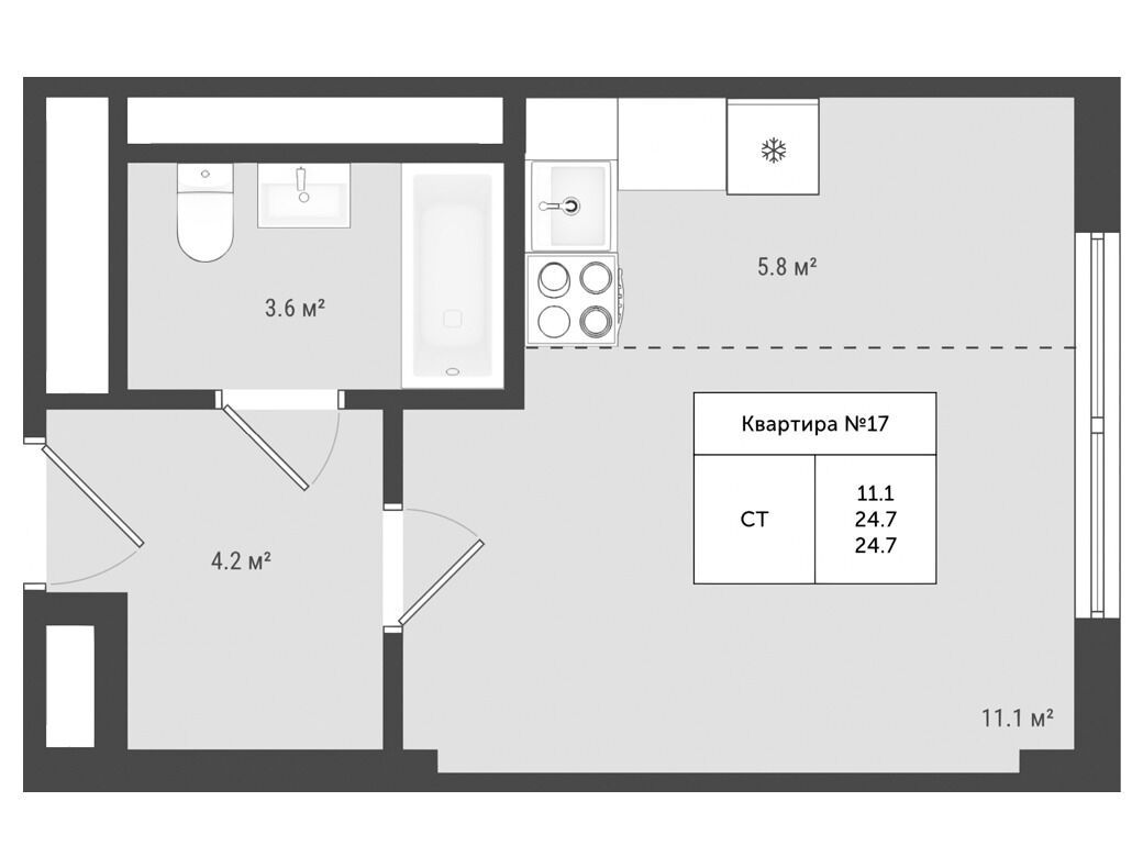 Планировка: Студия 24.70 м² в новостройке Яковлево