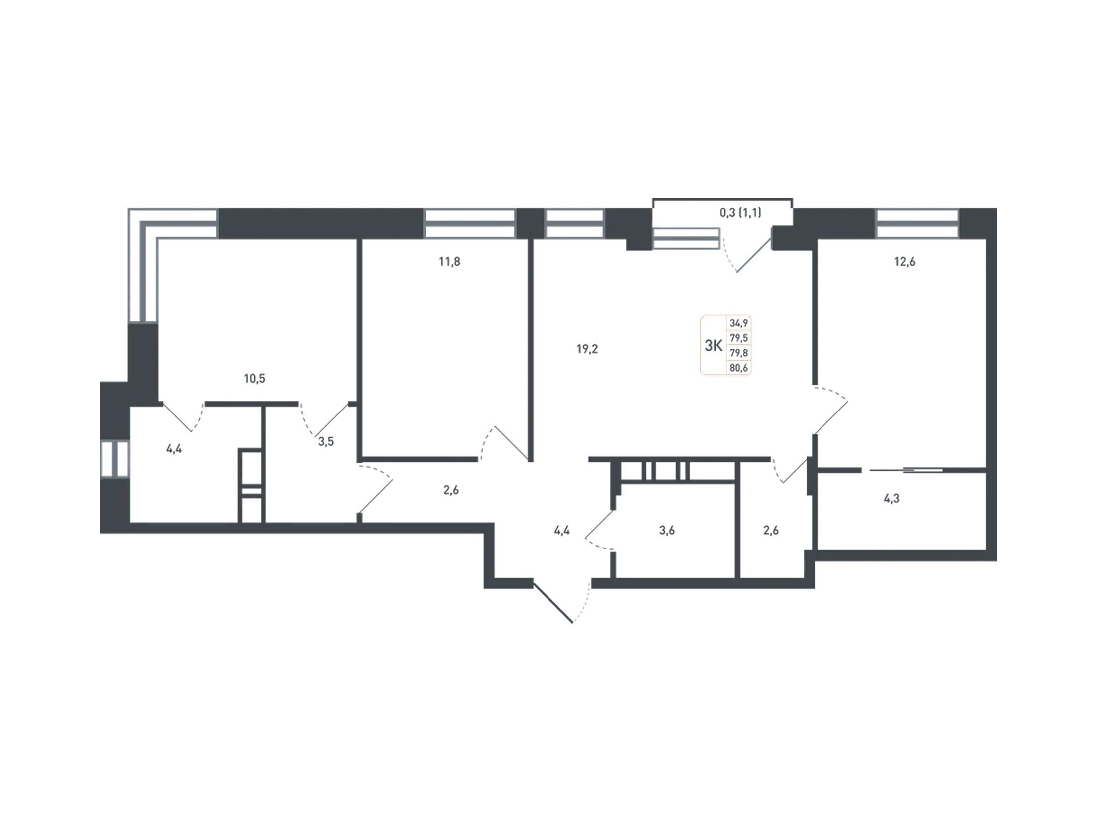 Планировка: 3-комн. квартира 84.40 м² в новостройке Новая Щербинка