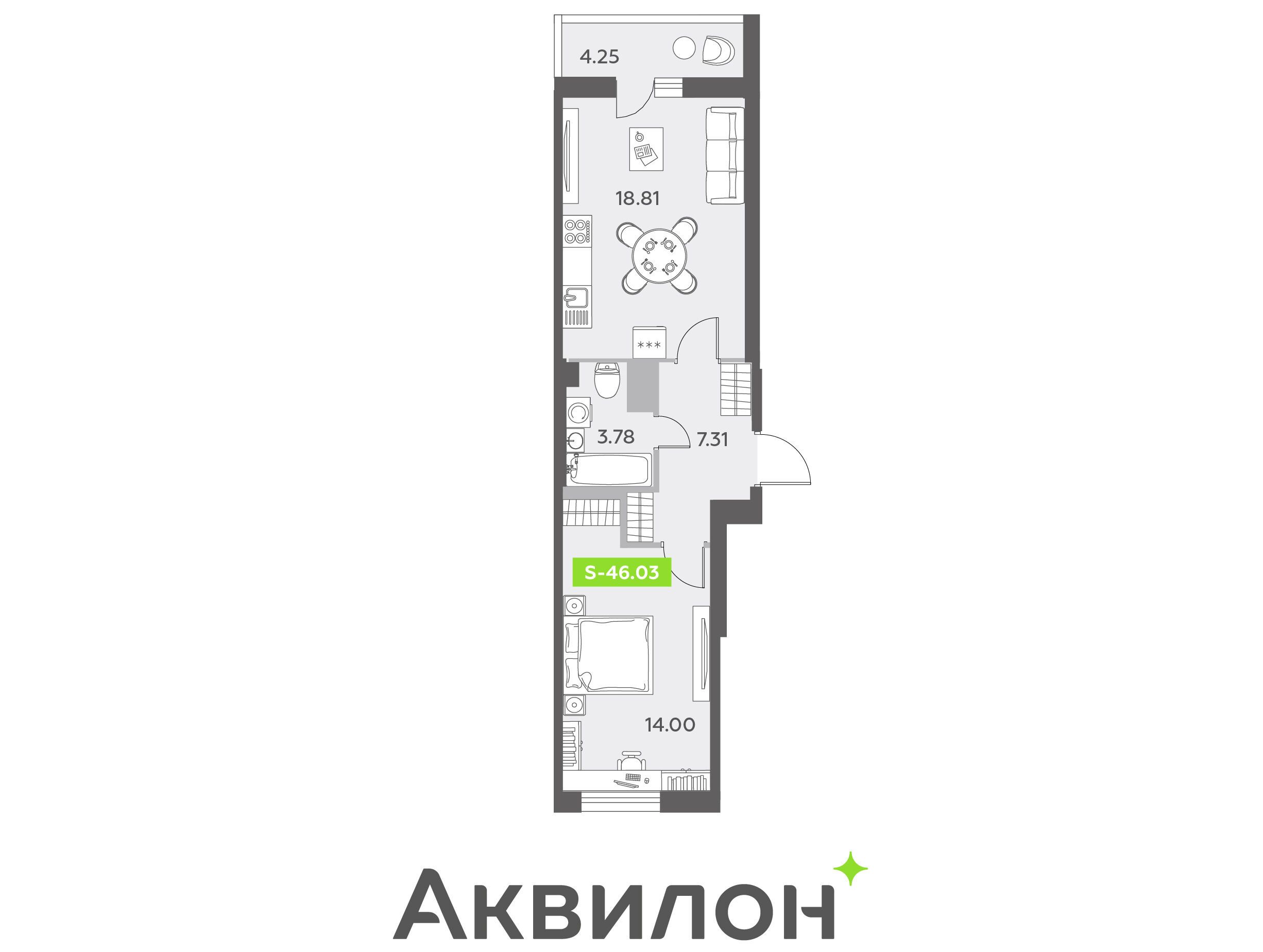 Планировка: 2-комн. квартира 46.20 м² в новостройке Аквилон олл ин 3.0