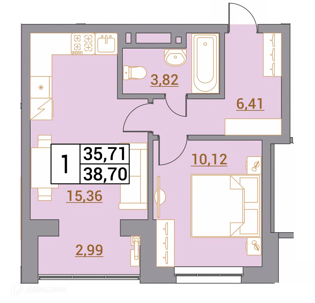 Планировка: 1-комн. квартира 38.70 м² в новостройке Зеленый город