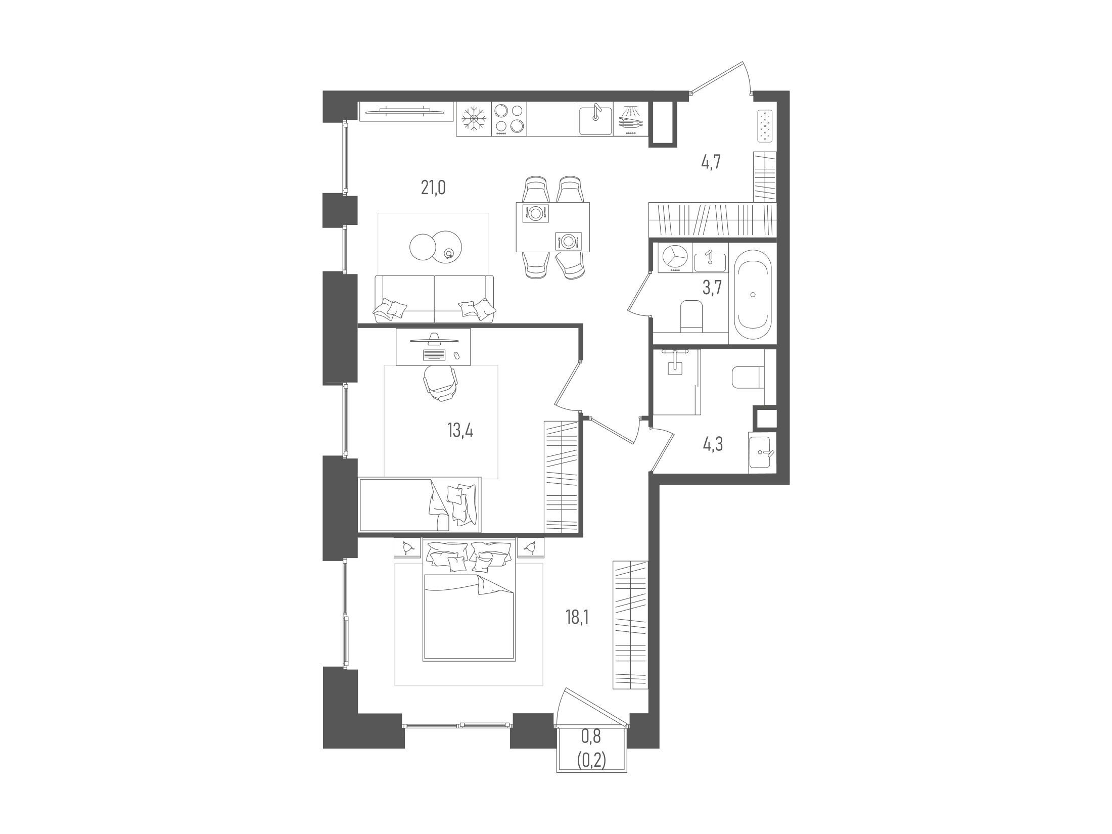 Планировка: 2-комн. квартира 65.40 м² в новостройке Пейв