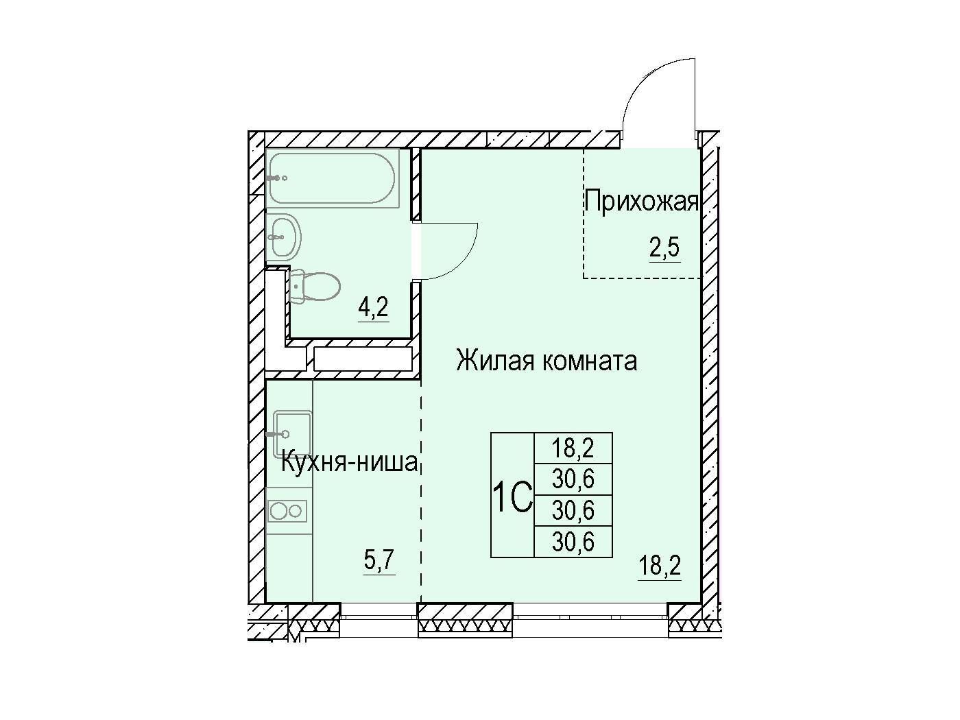 Планировка: Студия 30.60 м² в новостройке Отрадный