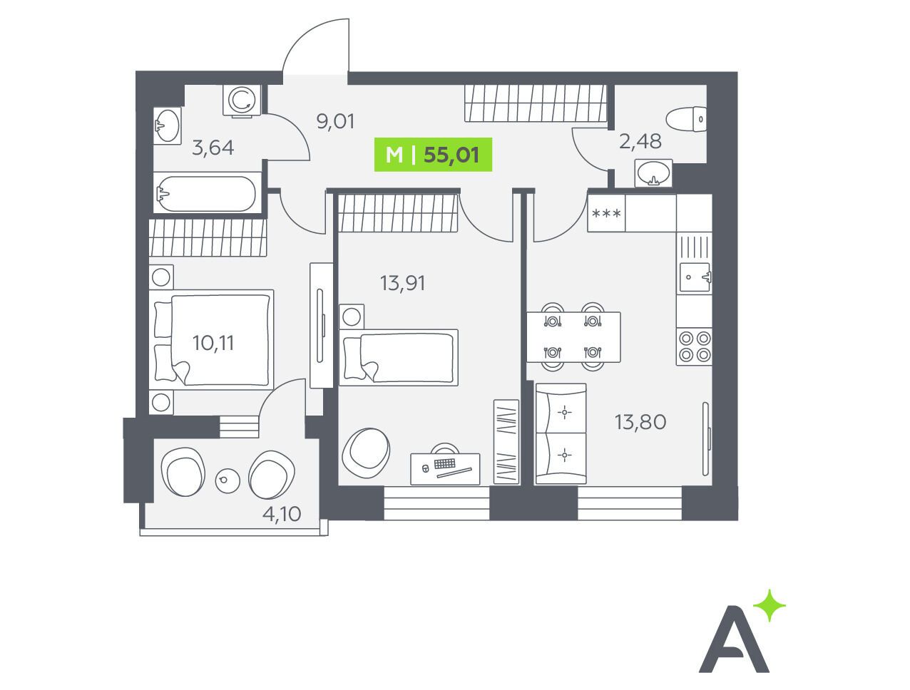 Планировка: 3-комн. квартира 55.01 м² в новостройке Аквилон Верба