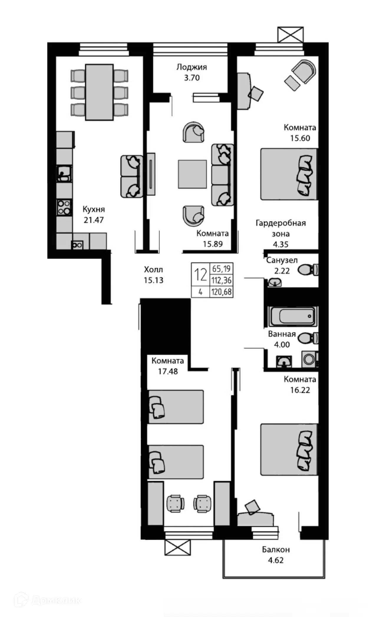 Планировка: 4-комн. квартира 120.68 м² в новостройке Ривьера