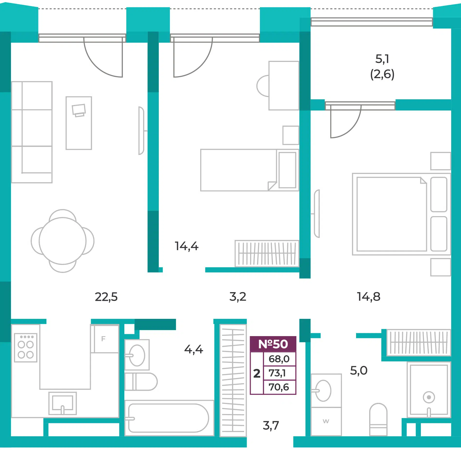 Планировка: 2-комн. квартира 70.60 м² в новостройке ЖК Омега