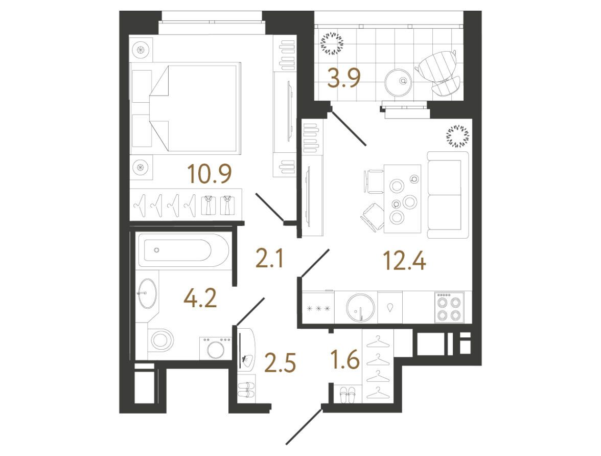 Планировка: 1-комн. квартира 33.60 м² в новостройке ЖК Литера