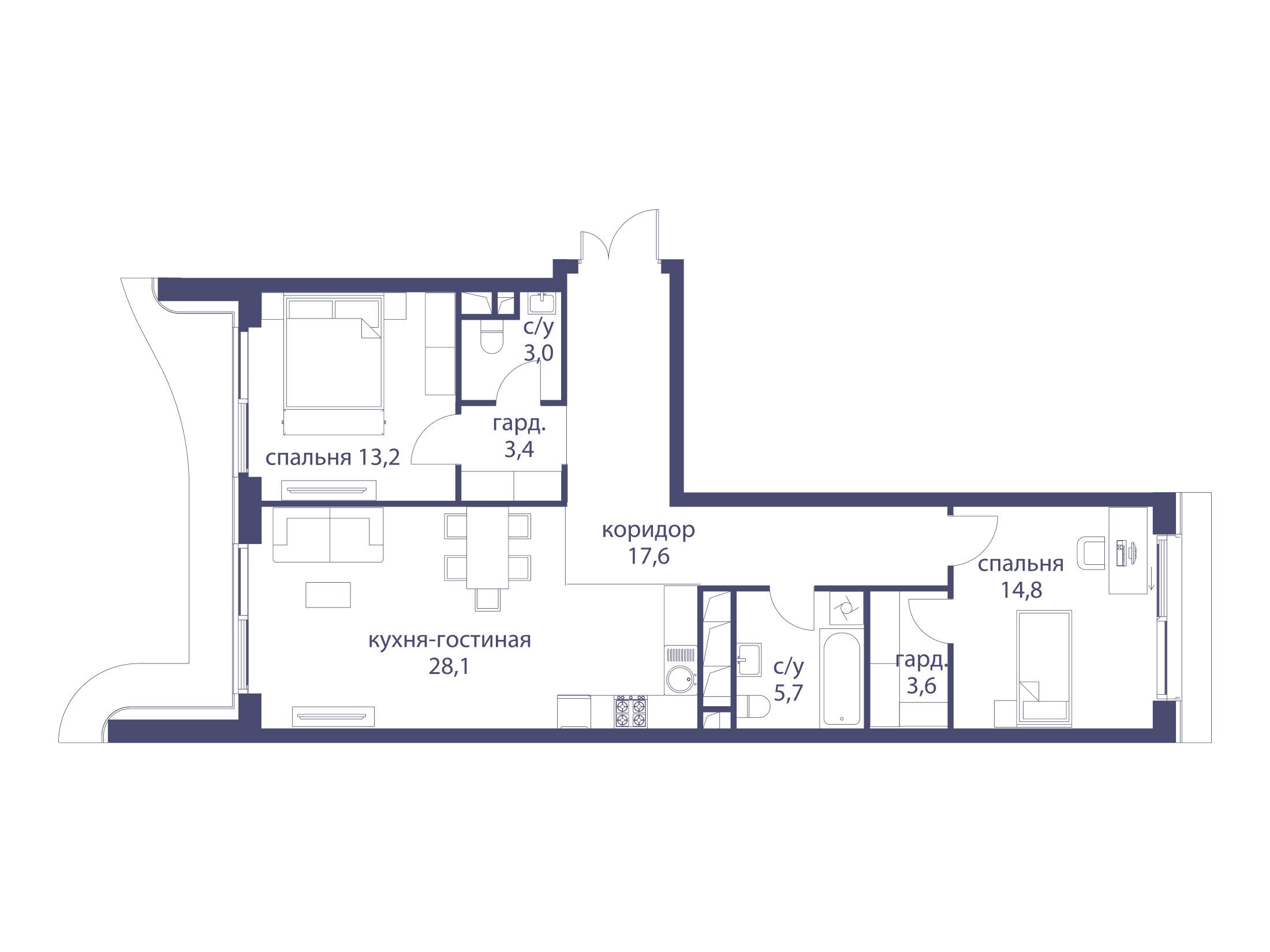 Планировка: 2-комн. квартира 89.40 м² в новостройке Река