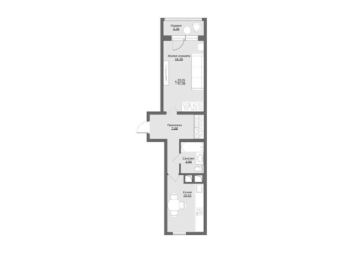 Планировка: 1-комн. квартира 41.56 м² в новостройке Клевер
