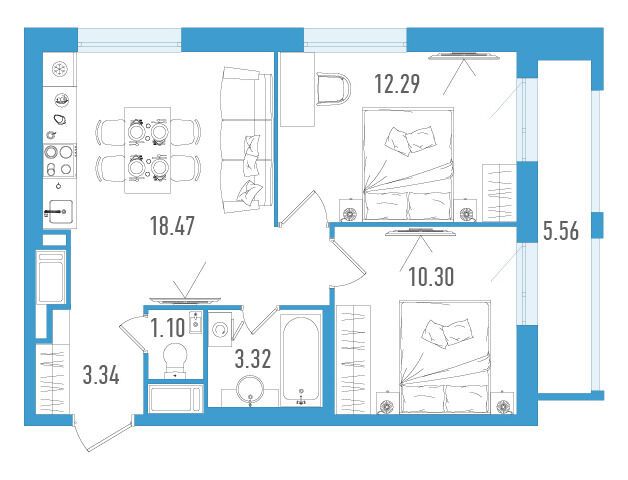 Планировка: 2-комн. квартира 50.49 м² в новостройке Старлайт