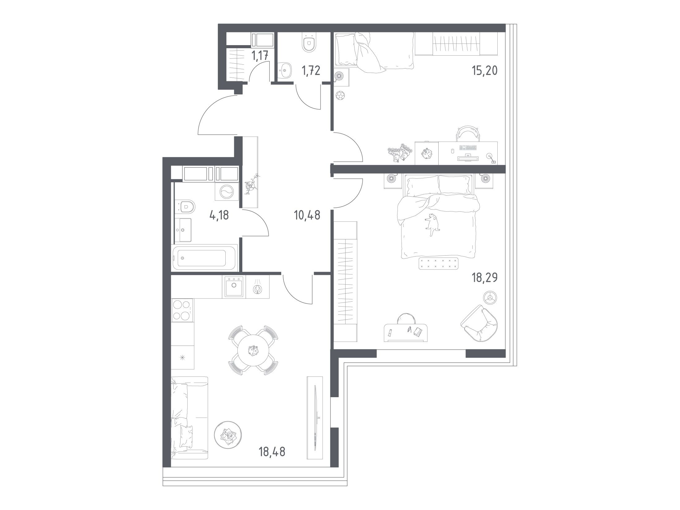Планировка: 2-комн. квартира 69.90 м² в новостройке Октябрьская 98