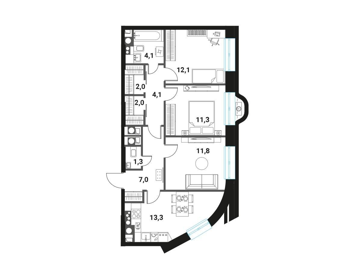 Планировка: 3-комн. квартира 69.00 м² в новостройке Интеллигент
