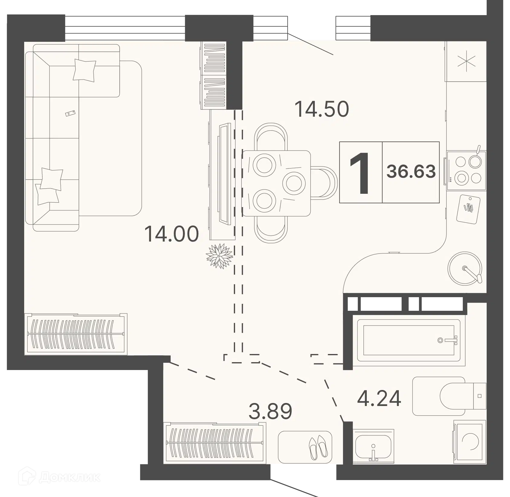 Планировка: 1-комн. квартира 36.63 м² в новостройке Светский лес