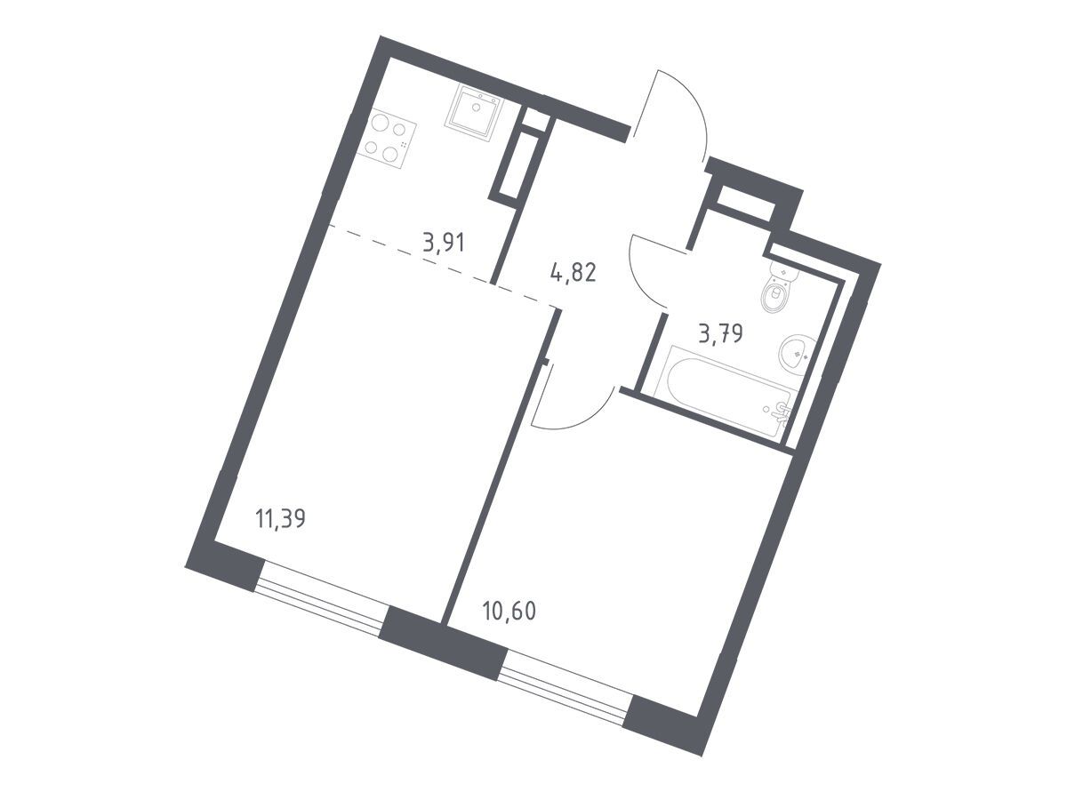 Планировка: 1-комн. квартира 34.51 м² в новостройке Лаголово