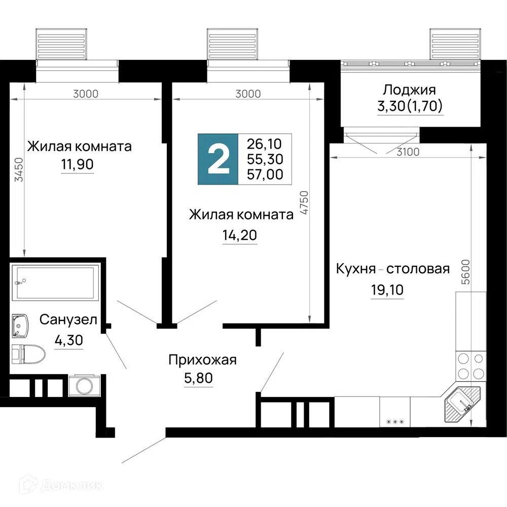 Планировка: 2-комн. квартира 57.00 м² в новостройке Традиции