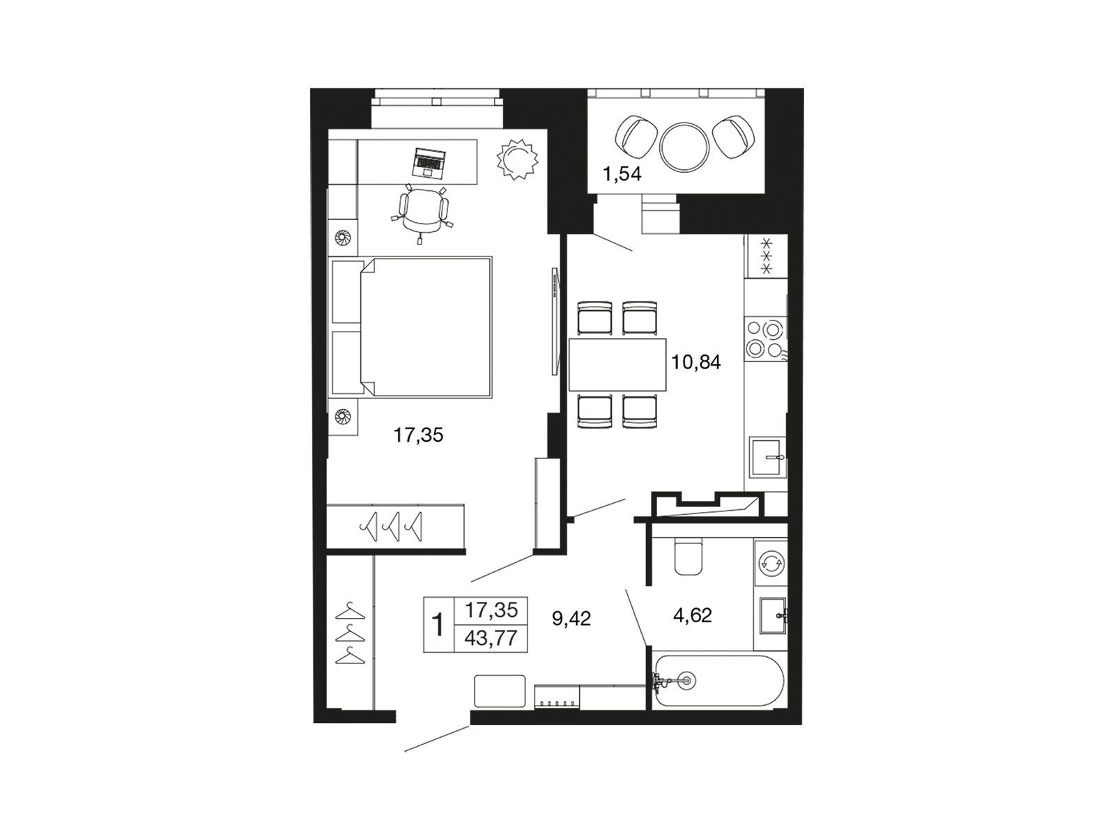 Планировка: 1-комн. квартира 42.20 м² в новостройке Времена года
