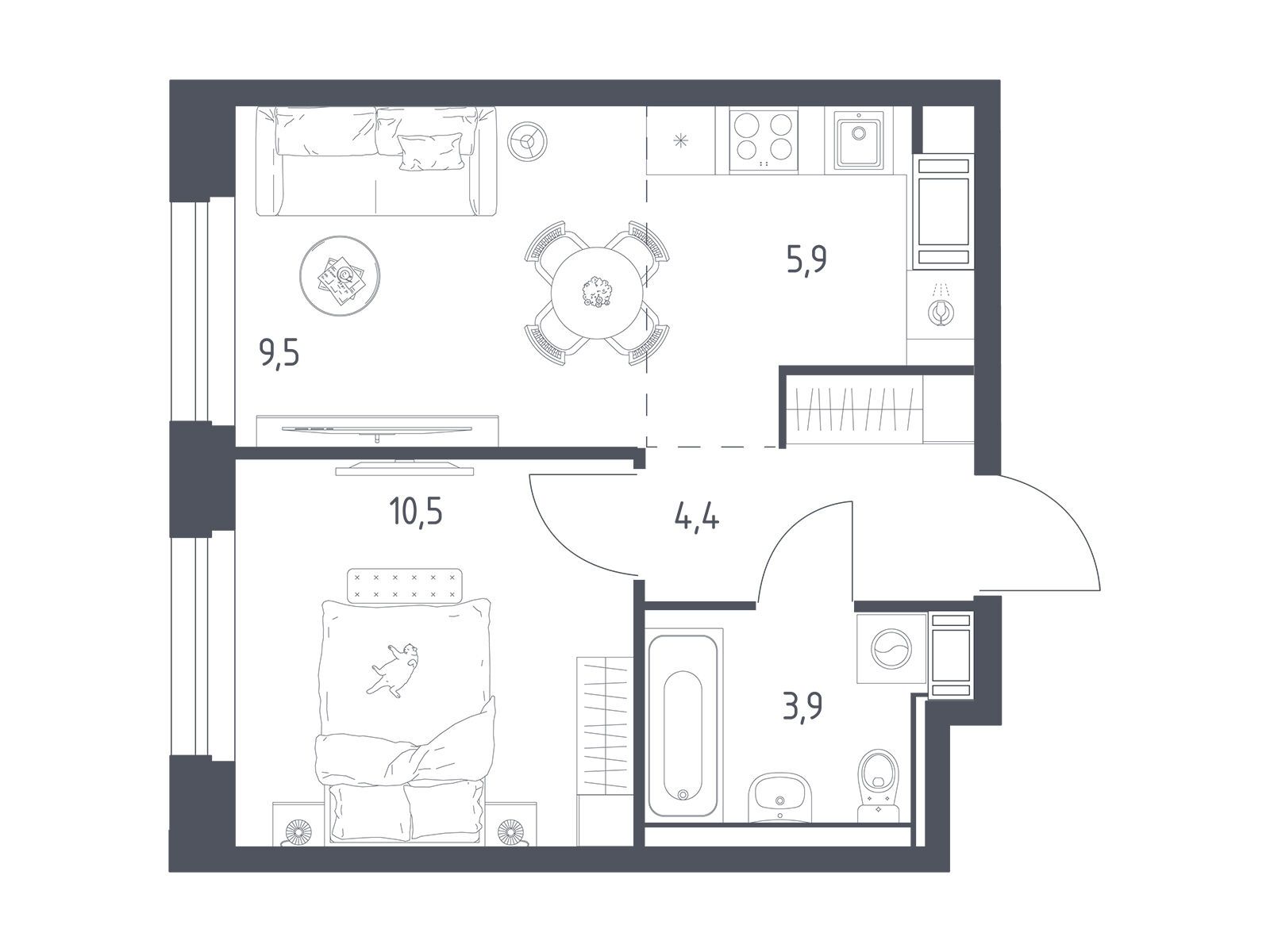 Планировка: 1-комн. квартира 33.70 м² в новостройке Мытищи Парк