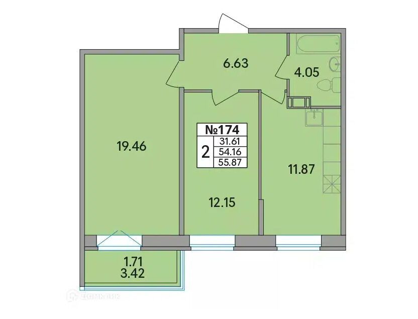 Планировка: 2-комн. квартира 56.00 м² в новостройке Рождественский квартал