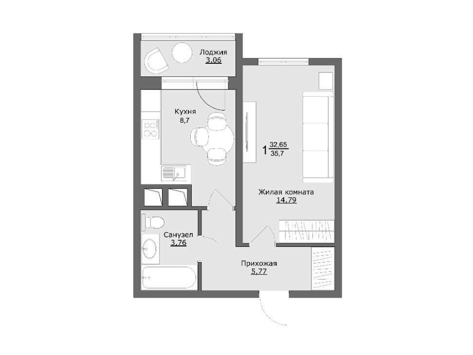 Планировка: 1-комн. квартира 35.60 м² в новостройке Клевер