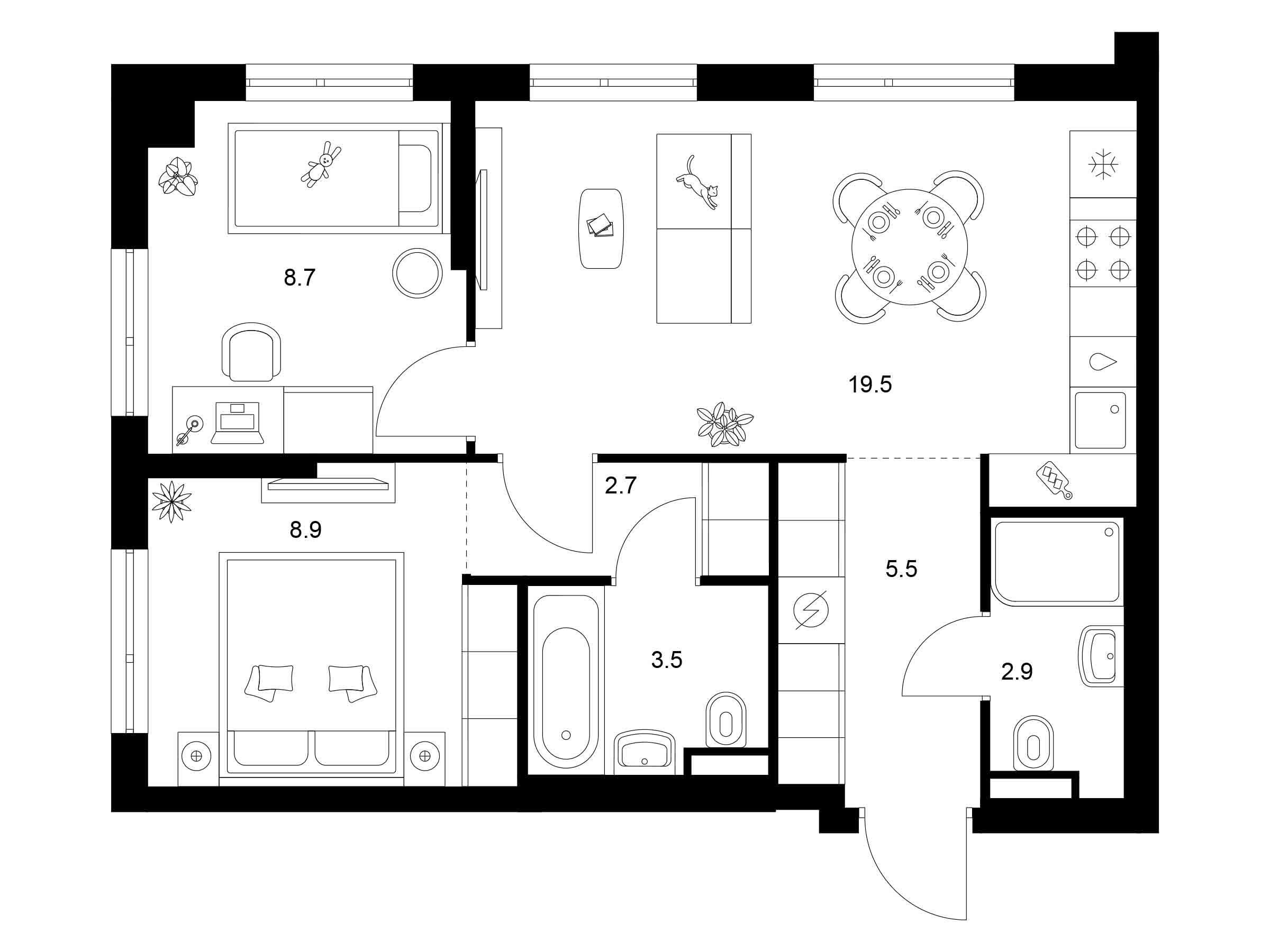Планировка: 2-комн. квартира 51.70 м² в новостройке Зелёный парк