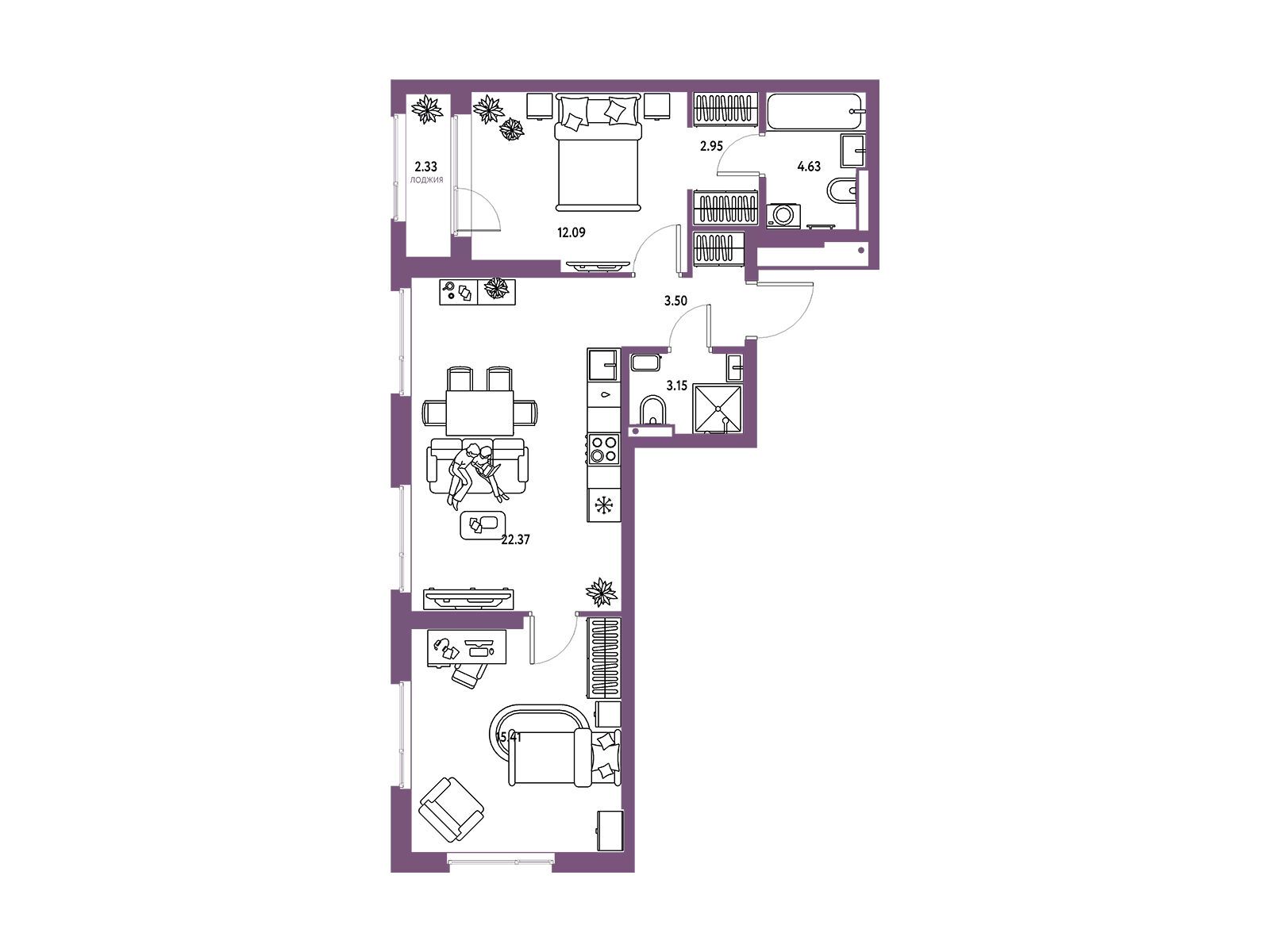 Планировка: 3-комн. квартира 66.43 м² в новостройке Страна Парковая