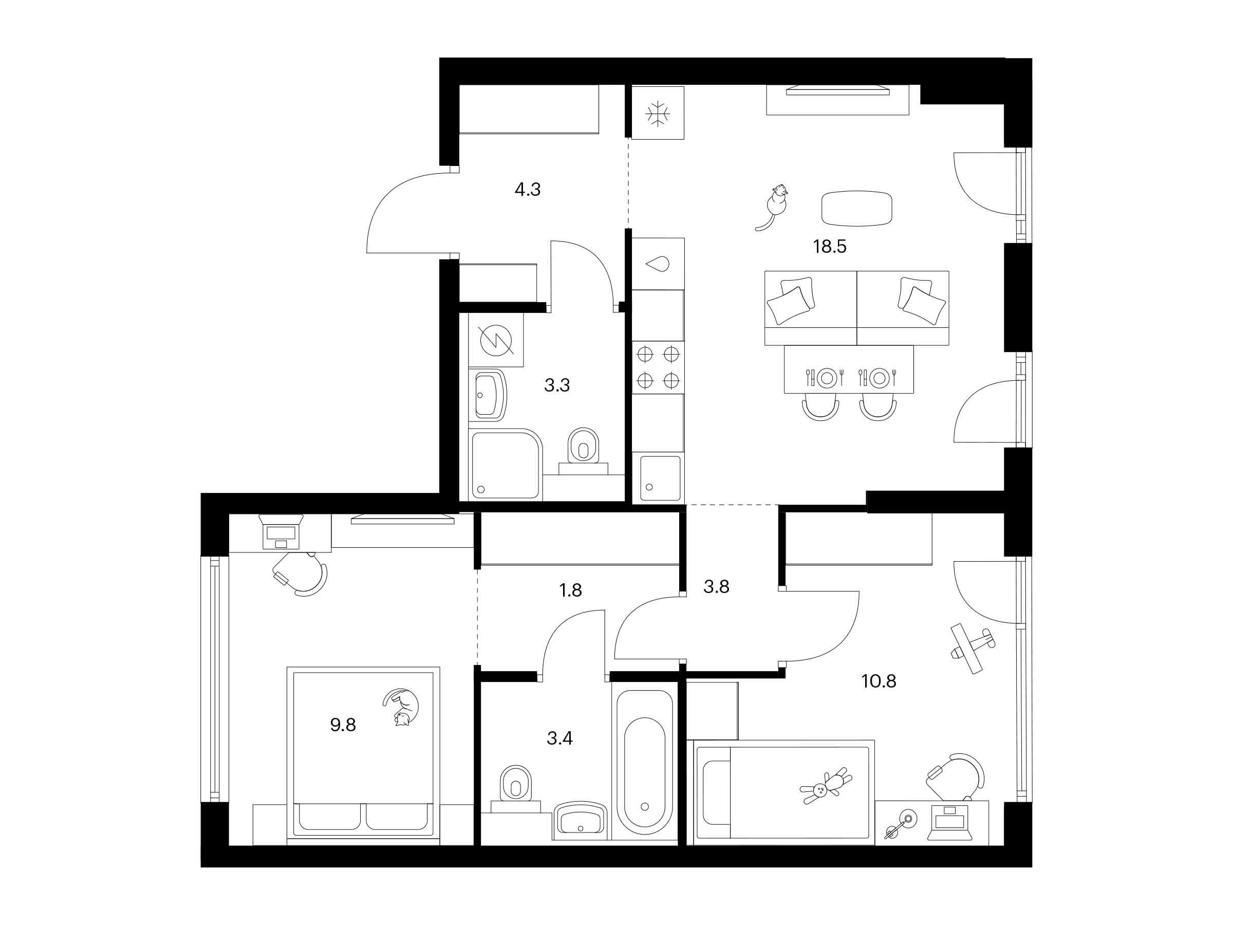 Планировка: 2-комн. квартира 55.70 м² в новостройке 2-й Иртышский